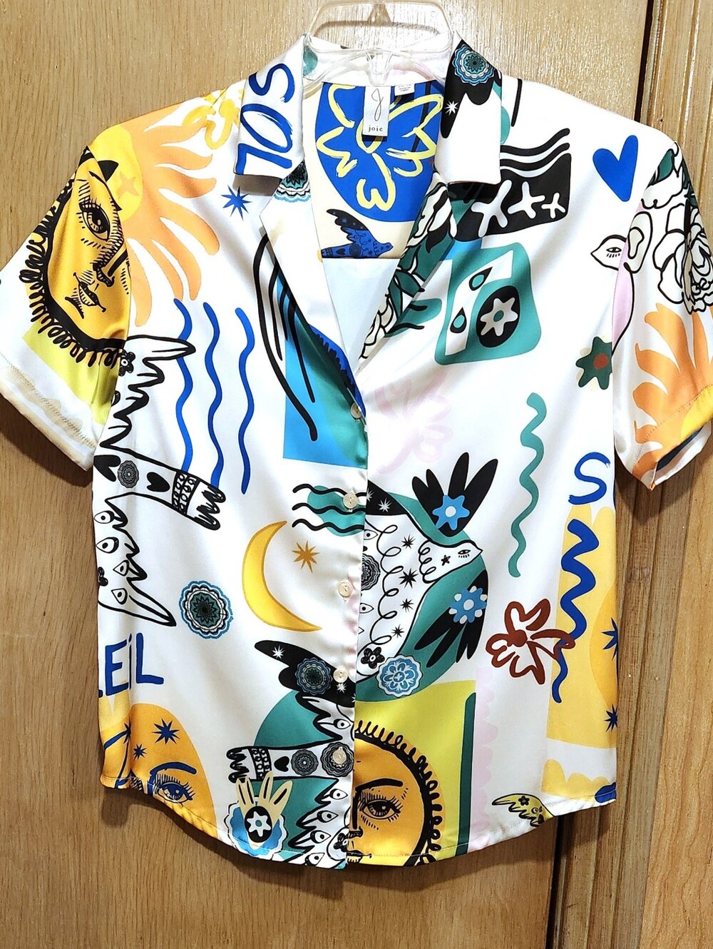 Joie Womens XS Satin Blouse Graphic Print Resort Wear Short Sleeve Button Top